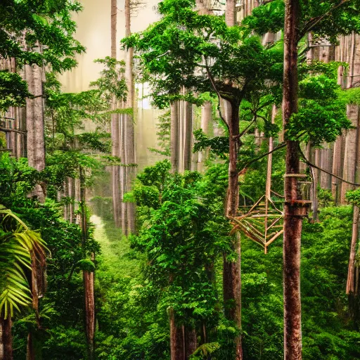 Image similar to professional photo of a tree top town similar to level of donkey kong country, by discovery magazine, night time with dim lights, super tall trees, real life, photorealistic, soft focus, long exposure