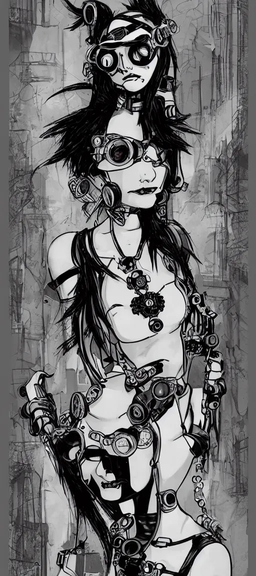 Prompt: a cybergoth woman wearing goggles and eccentric jewelry by jamie hewlett :: full body character concept art, single face, detailed, intricate