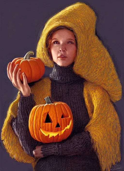 Image similar to a pumpkin wearing a sweater and holding a human head mug, highly detailed, centered, solid color background, digital painting, artstation, concept art, smooth, sharp focus, illustration, donato giancola Joseph Christian Leyendecker, Les Edwards, Ed Repka, Basil Gogos, WLOP, Artgerm