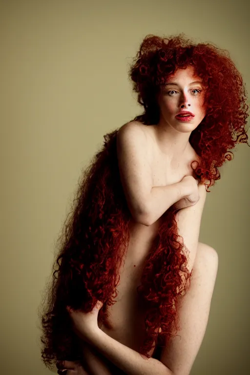 Prompt: a photo portrait of a beautiful red girl with curls and lots of freckles, Low-key lighting, dramatic, single light source, art photography in style of Annie Leibovitz, pastels color , sigma art 85 mm f 1.4, dark background , high quality, 8k.