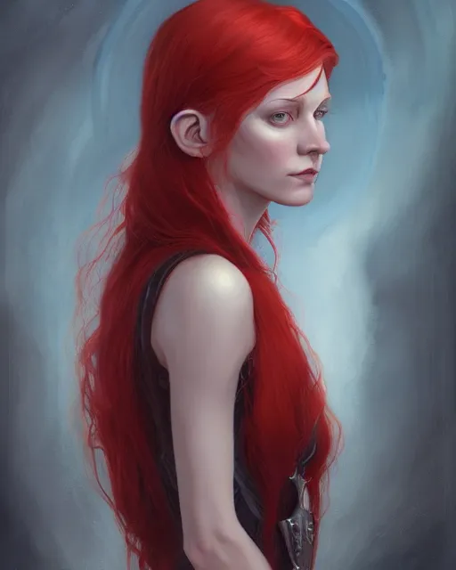 Image similar to a detailed matte oil on canvas head on symmetrical portrait of a distinguished elven woman with red hair on an empty background, by charlie bowater, wlop, trending on artstationhd, dungeons and dragons art, critical role