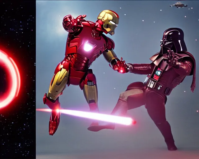 Image similar to a duel between iron man ( left ) and darth vader ( right ), in space, shot on alexxa ; 3 5 mm cooke