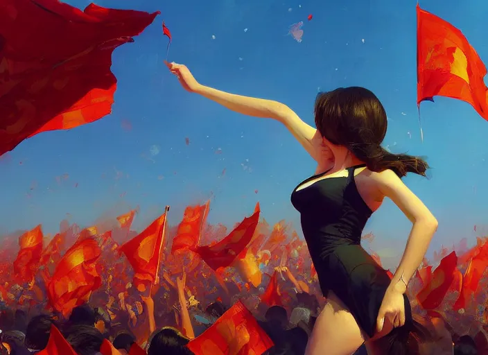 Prompt: closeup of gorgeous inspiring girl enthusiastically waving a red flag over her head dancing with celebrating crowd in a Mandelbrot fractal bustling modern Damascus by Craig Mullins, ilya kuvshinov, krenz cushart, artgerm trending on artstation by Edward Hopper and Dan Mumford and WLOP and Rutkovsky, Unreal Engine 5, Lumen, Nanite