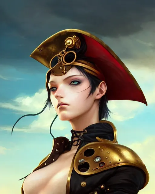 Image similar to a beautiful close up portrait 2D illustration of a young female steampunk pirate wearing leather armor on gold and red trimmings on green, by Charlie Bowater, tom bagshaw, Artgerm and Lois Van Baarle, beautiful anime face, very cool pose, pirate ship with an epic sky background, pondering face, smart look, cinematic anime lighting and composition, fantasy painting, very detailed, ornate, trending on artstation and pinterest, deviantart, google images