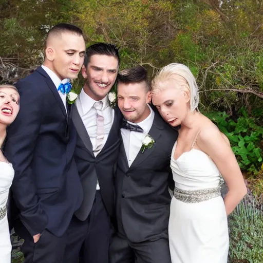 Image similar to two horribly deformed men in suits making out with two attractive blonde women dressed for a wedding party.