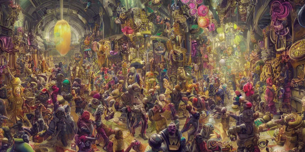 Image similar to the hallway of a space station crowded with strange characters and chaos, clown in the center of the hallway throwing a banana peel, insanely detailed and intricate, hypermaximalist, elegant, ornate, hyper realistic, super detailed, Art Deco, cinematic, trending on artstation, magic the gathering artwork, centered