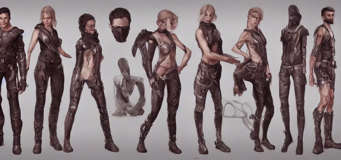 Image similar to character sheet concept art of male and female movie characters, renaissance, futurepunk, parkour, rebel, realistic, hyper realistic, photographic, costume, by marc brunet and artgerm