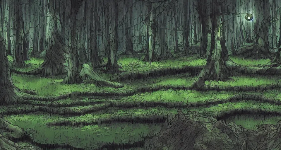 Prompt: A dense and dark enchanted forest with a swamp, from Naruto