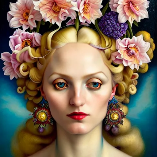 Prompt: centered portrait composition, woman with blonde hair full of spring flowers wearing ornate earrings, ornate gilded details, pastel colors, a surrealist painting by tom bagshaw and jacek yerga and tamara de lempicka and jesse king, wiccan, pre - raphaelite, featured on cgsociety, pop surrealism, surrealist, dramatic lighting