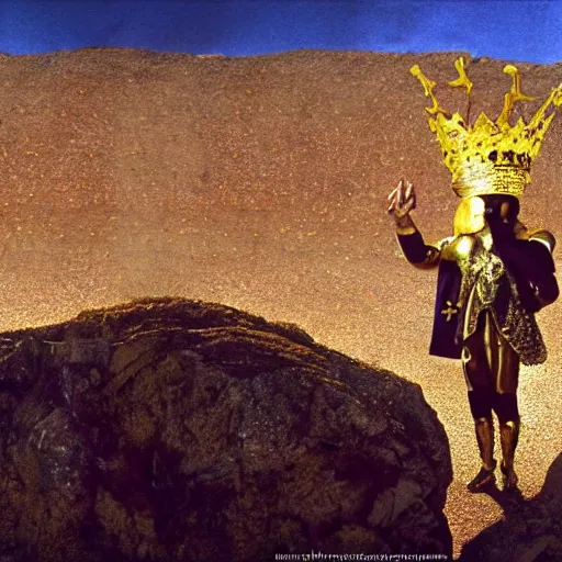 Image similar to salvador dali wearing a golden costume with jewels and golden crown, in a dry rocky desert landscape, visible sky and sunny atmosphere, fata morgana film still from the movie by alejandro jodorowsky with cinematogrophy of christopher doyle and art direction by hans giger, anamorphic lens, kodakchrome, very detailed photo, 8 k