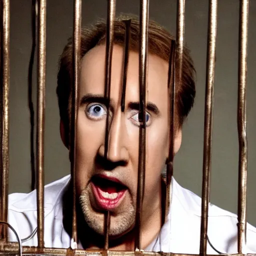Image similar to a cagey nicholas cage caged in a cage on stage and enraged