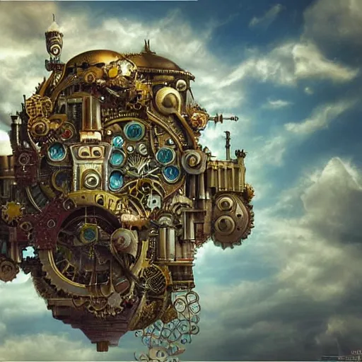 Image similar to flying city in a mechanical flower, clouds, sky, fantasy art, steampunk, masterpiece