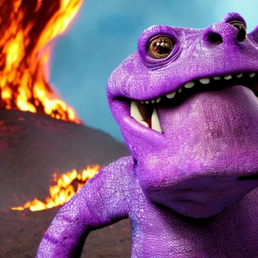 Image similar to Barney the purple dinosaur drowning in lava clutching the one ring, high resolution movie still, film by Peter Jackson