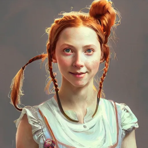 Prompt: portrait of pippi longstocking, looking at camera, intricate, extremely detailed, digital painting, artstation, concept art, smooth, ambient lighting, art by artgerm and greg rutkowski and alphonse mucha and simon stalenhag