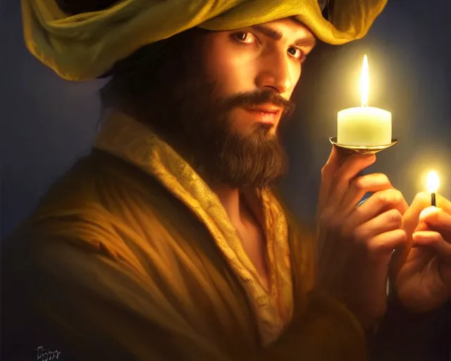 Prompt: a mind - blowing portrait of a fortune seeker male, holding a candle, wearing a classic sleeping cap, pirate clothes, intelligent, deep focus, d & d, fantasy, intricate, elegant, highly detailed, digital painting, artstation, concept art, matte, sharp, illustration, hearthstone, art by artgerm and greg rutkowski and alphonse mucha