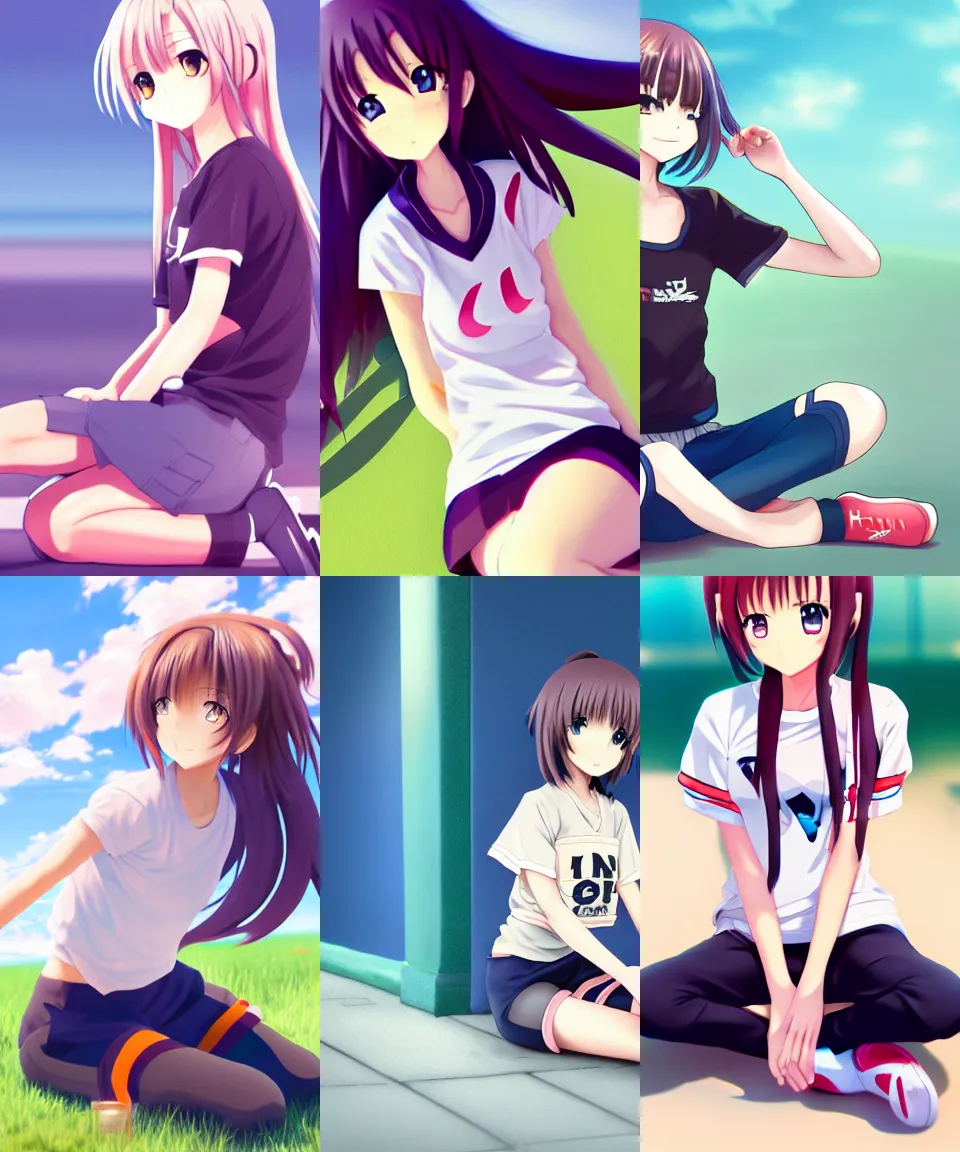 Prompt: anime girl sitting at the ground, sport t-shirt, visible stomach, sport shorts, full body shot, artstation, kyoani, high resolution, 4k