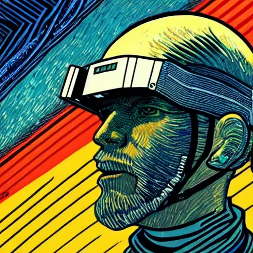 Image similar to Illustrated by Shepard Fairey and Moebius | Cyberpunk Van Gogh with VR helmet, surrounded by cables | Photo