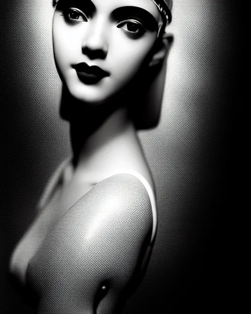 Image similar to black and white dreamy young beautiful female artificial intelligence, metropolis, cinematic, rim light, bokeh, photo - realistic, elegant, high detail, 8 k, masterpiece, photo taken in 1 9 3 0