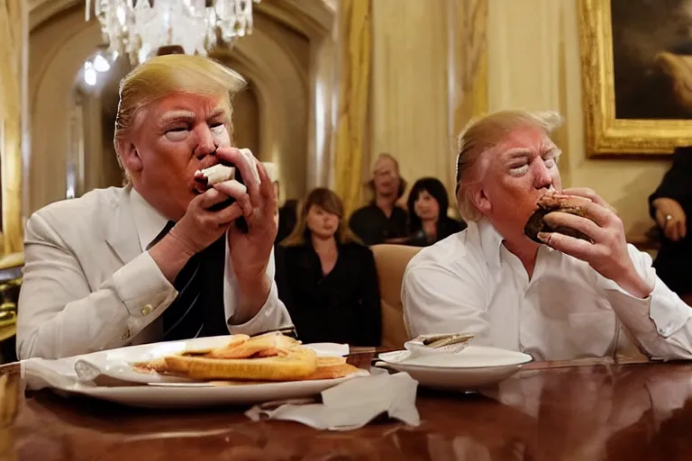 Prompt: Donald Trump visibly sulks, eating a cheeseburger, Inside his Mar-a-Lago home, as the home is raided by many federal agents, raided by feds, panicking, Highly detailed, Cinematic, hyperrealistic, photorealistic, 4k, Realistic, detailed.