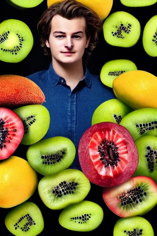 Image similar to 📷 joe keery in kiwi fruit 🥝, made of food, head portrait, dynamic lighting, 4 k