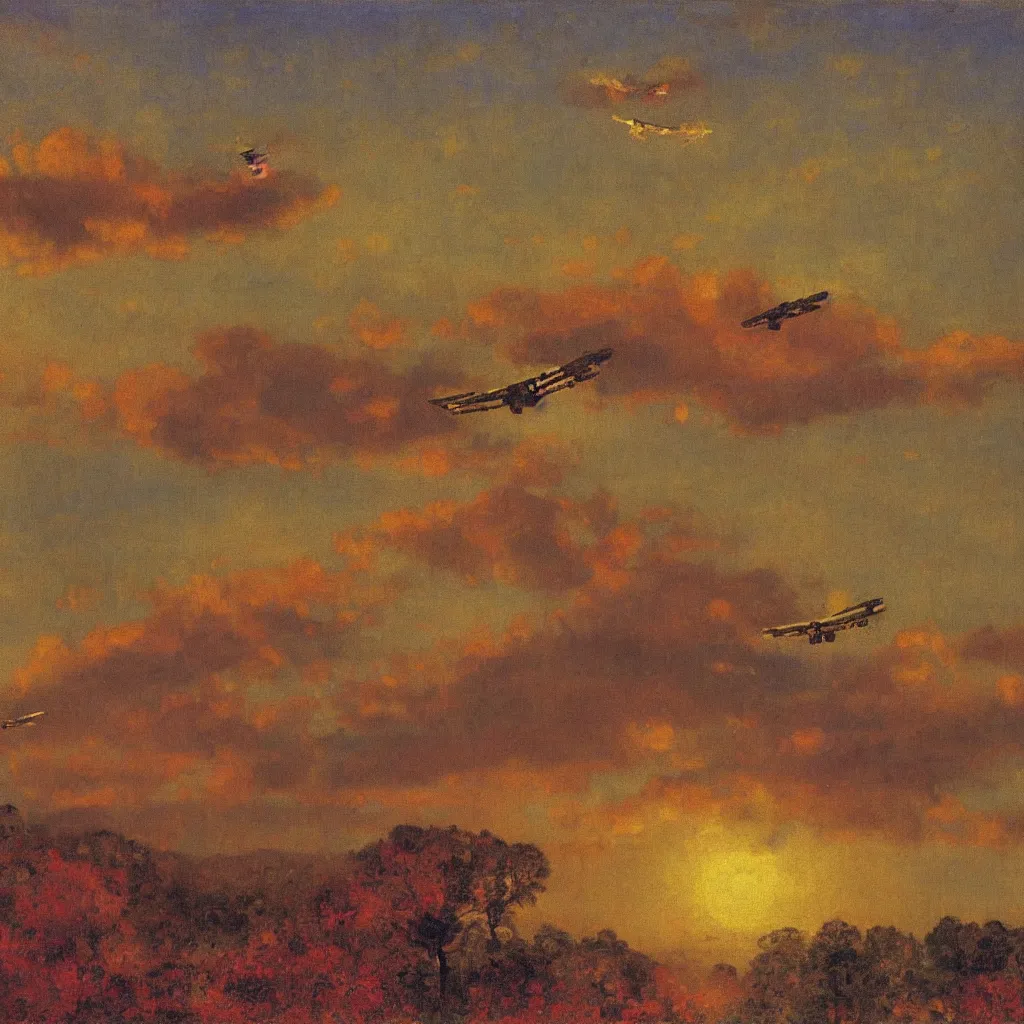 Prompt: two huge zepplins flying above a forest in twilight, 1905, highly detailed colourful oil on canvas, by Ilya Repin