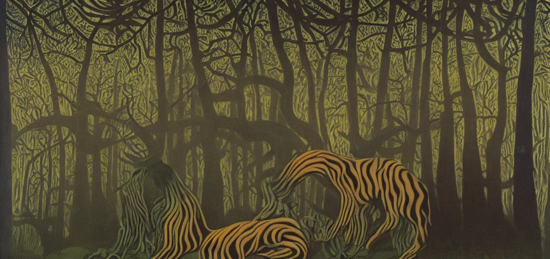 Image similar to portrait of a posed hyper detailed complex, plowhorn evangelion realistic mechanical and bioluminescent organic creature in a dark deep forest at dawn in spring, with reflection and textures, by henri rousseau