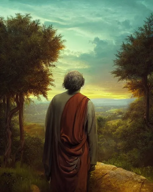 Image similar to an ancient jewish man looking over a strikingly beautiful stunning nature horizon, very realistic, highly detailed, photorealistic, dusk