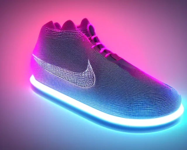 Prompt: 3D render of nike sneakers with neon lights from below, futuristic style, creative design, highly detailed, award winning, unreal engine 5, studio lighting, neon background