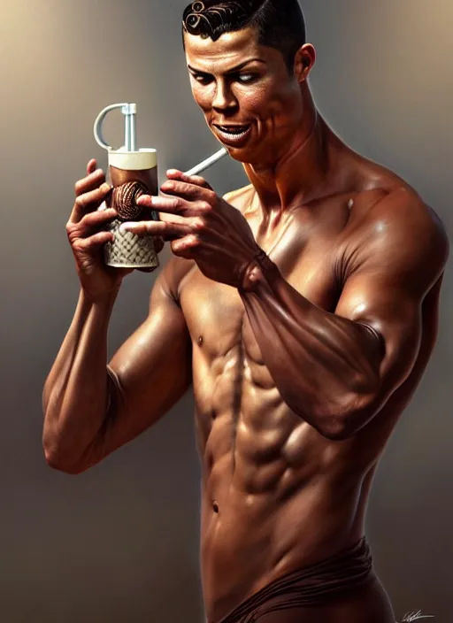 Image similar to christiano ronaldo drinking chocolate milk, intricate, elegant, highly detailed, centered, digital painting, artstation, concept art, smooth, sharp focus, illustration, artgerm, tomasz alen kopera, peter mohrbacher, donato giancola, joseph christian leyendecker, wlop, boris vallejo