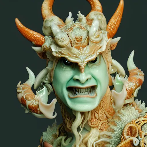 Prompt: a closeup portrait photo, alabaster and jade real delicate ceramic porcelain sculpture of an ornate detailed humanoid dragon demon devil god in front of an intricate background by rafael, micro detail, backlit lighting, subsurface scattering, translucent, thin porcelain, emerald, flames, amber, octane renderer, colorful, physically based rendering, trending on cgsociety