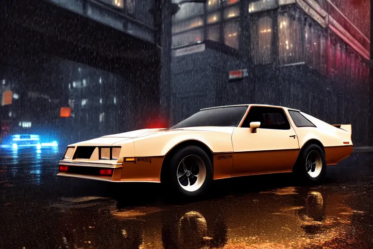 Image similar to hyperdetailed, photorealistic photograph of a 1 9 8 2 pontiac firebird trans - am drifting in the streets, rain, night, dense fog, hd, unreal engine 5 by greg rutowski, by stanley artgerm, by alphonse mucha