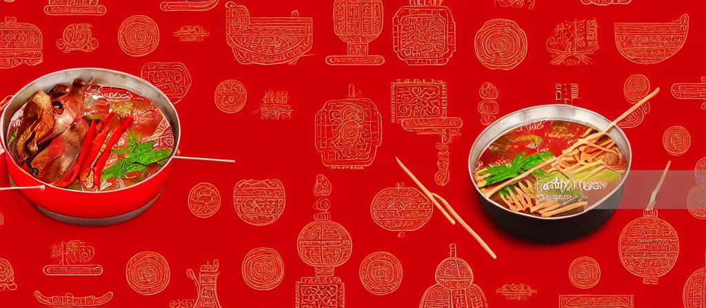 Prompt: a beautiful simple 4 k hd red wall paper illustration of roasted string hotpot, red wallpaper design, simple style, gourmet style, commercial kebab hotpot wallpaper display, wall painting, from china, with merchant logo, simple structure, surrealistic, chinese style, victo ngai, james jean, denoise, deblurring