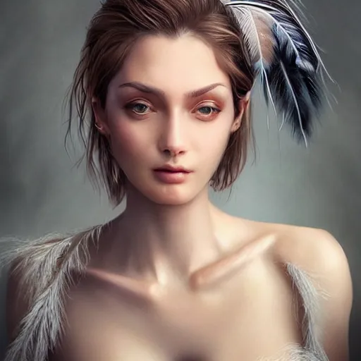 Prompt: a gorgeous mange female photo, professionally retouched, soft lighting, wearing a feather dress, realistic, smooth face, perfect eyes, wide angle, sharp focus on eyes, 8 k high definition, insanely detailed, intricate, elegant, art by artgerm and wlop