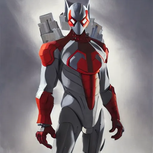 Image similar to greg manchess portrait painting of armored spiderman ultraman grey fox from metal gear cyborg gay japanese - american hybrid as overwatch character, medium shot, asymmetrical, profile picture, organic painting, sunny day, matte painting, bold shapes, hard edges, street art, trending on artstation, by huang guangjian and ail elvgren and sachin teng