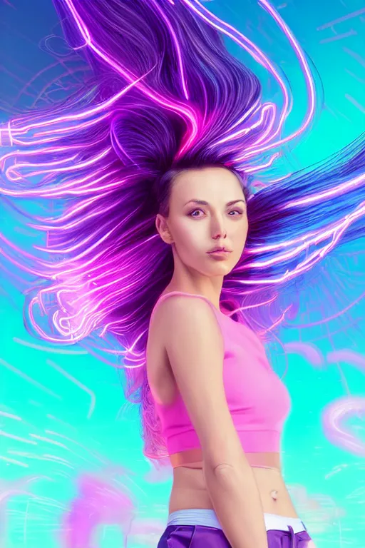 Image similar to a award winning half body portrait of a beautiful woman in a croptop and cargo pants with ombre purple pink teal hairstyle with head in motion and hair flying, surrounded by whirling illuminated lines, outrun, vaporware, shaded flat illustration, digital art, trending on artstation, highly detailed, fine detail, intricate