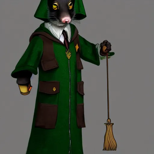 Image similar to a anthropomorphic ferret is dressed as a hogwarts student in slytherin robes, hyperdetailed, artstation, cgsociety, 8 k