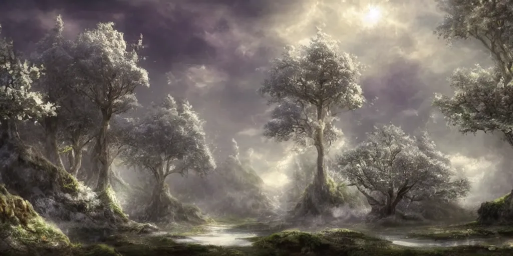 Image similar to a fantasy landscape with white beautiful trees