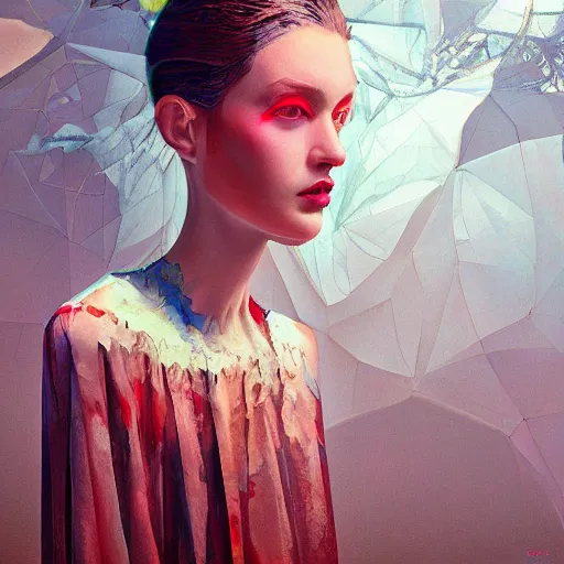 Image similar to 3 d, fashion model looks into the frame, poster art, intricate oil painting, high detail, figurative art, multiple exposure, poster art, 3 d, by stanley kubrick and tooth wu and wlop and beeple