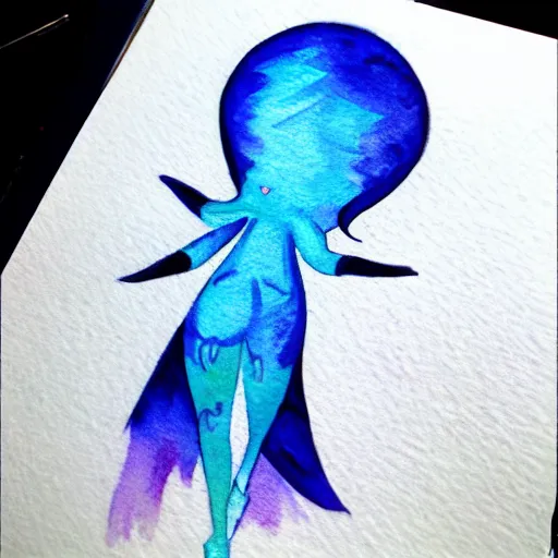 Image similar to tattoo design of a cute blue will of the wisp character. watercolor