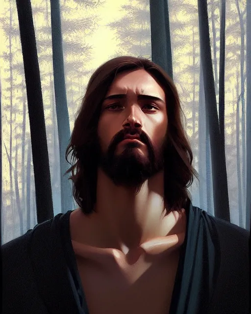 Prompt: stylized portrait of modern teenager jesus christ, dense forest, moody cinematic colors one single head, realistic shaded, fine details, realistic shaded lighting poster by ilya kuvshinov, magali villeneuve, artgerm, jeremy lipkin and michael garmash and rob rey