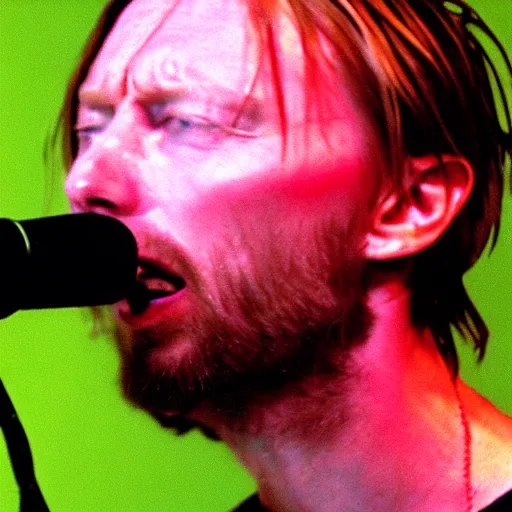 Prompt: Giant Thom Yorke 1995 singing into a microphone, a photo by John E. Berninger, trending on pinterest, private press, associated press photo, angelic photograph, masterpiece