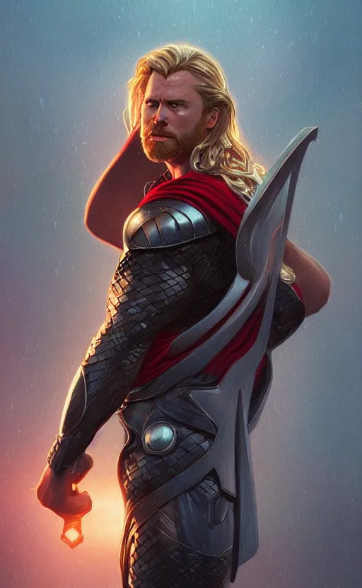 Prompt: Thor, highly detailed, digital painting, artstation, standing, facing camera, concept art, smooth, sharp focus, illustration, art by artgerm and alphonse mucha, high definition digital art, dramatic lighting, in the style of ilya kuvshinov and Ross tran