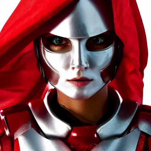 Image similar to headshot of an beautiful female soldier in glossy sleek white armor with tiny red details and a long red cape, downward angle, determined expression, on the surface of mars, night time, dramatic lighting, cinematic, sci-fi, hyperrealistic