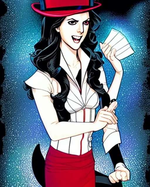 Prompt: beautiful Anna Kendrick Zatanna DC Comics floating on stage, wearing a top hat, symmetrical face symmetrical eyes, smiling, intricate details, atmospheric, art by eiichiro oda, Joshua Middleton art