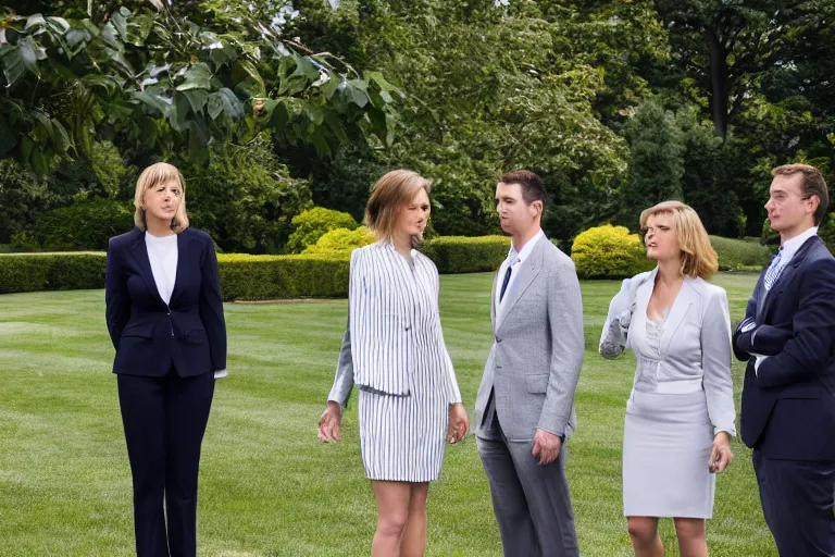 Image similar to press photo of a beautiful thirty - five year old powerful white female president in a suit, being held romantically by her two younger white boyfriends in the white house rose garden, professional photo, press photo, glamorous, 8 k photorealistic, very detailed