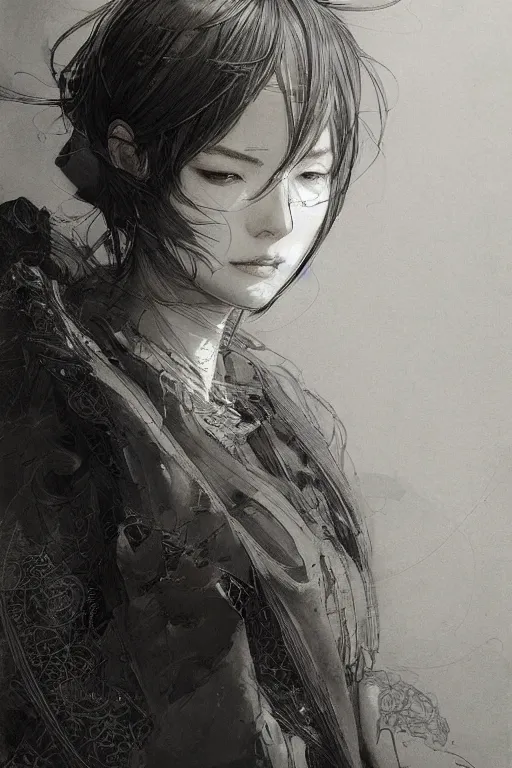 Image similar to portrait of anime woman, pen and ink, intricate line drawings, by craig mullins, ruan jia, kentaro miura, greg rutkowski