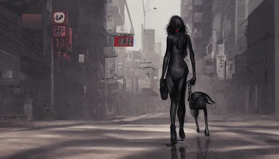 Prompt: black cat walking in dusty empty tokyo streets, heat wave, dirty ground, hyperdetailed, artstation, cgsociety, 8 k