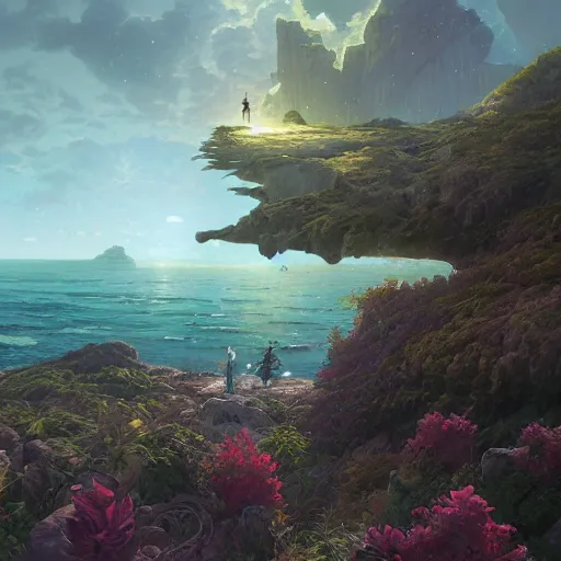 Image similar to epic view to sea with platforms, stephen bliss, unreal engine, fantasy art by greg rutkowski, loish, rhads, ferdinand knab, makoto shinkai and lois van baarle, ilya kuvshinov, rossdraws, tom bagshaw, alphonse mucha, global illumination, radiant light, detailed and intricate environment