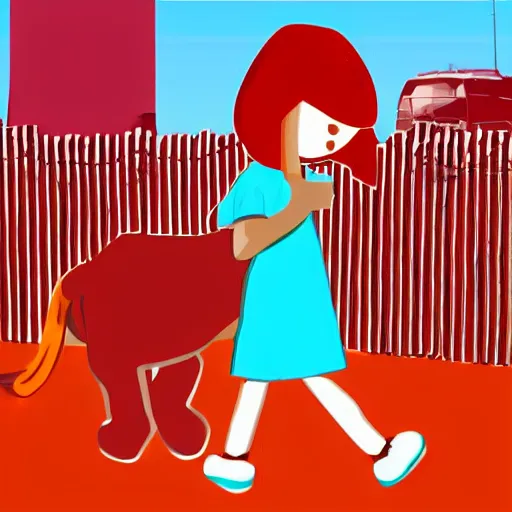 Prompt: girl carrying a large garbage bag while following clifford the big red dog, illustration,