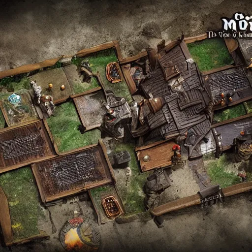 Prompt: D&D tabletop game map of miniature tavern, orc themed, dark, evil looking, very realistic, cinematic lighting, CGI render, trending on artstation